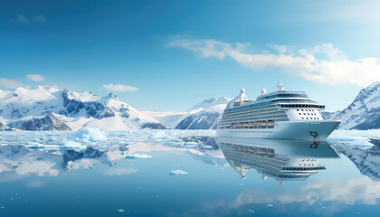 Cruise ship in the north among icebergs and ice - obrazy, fototapety, plakaty
