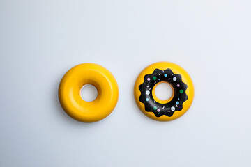 Fresh fruit, vegetables, delicious food, Hamburger and pizza. Colorful educational toys from cute kids.