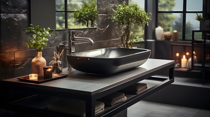 black sink in stylish bathroom interior - obrazy, fototapety, plakaty