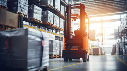 Warehouse worker is driving forklift in the warehouse