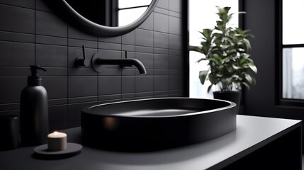 black sink in stylish bathroom interior - obrazy, fototapety, plakaty