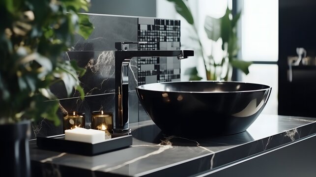 black sink in stylish bathroom interior