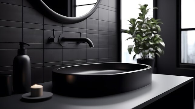 black sink in stylish bathroom interior