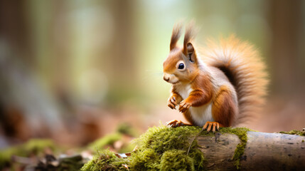 A red squirrel eating a nut in the woods