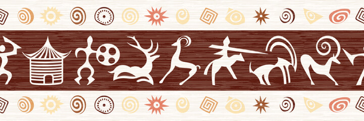 Ethnic seamless border on the theme of rock paintings, vector design, banner