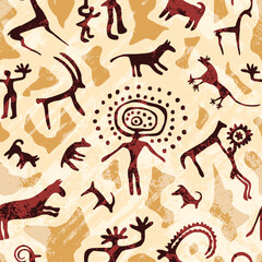 A series of petroglyphs, cave drawings, vector design, seamless pattern