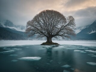 An ancient tree in the center of a frozen lake