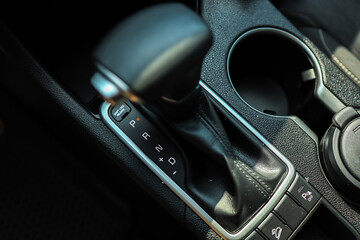 Selector automatic transmission with leather in the interior of a modern expensive car - obrazy, fototapety, plakaty