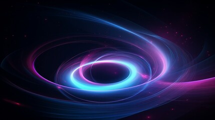 Dark background with a circle and colorful streaks, evoking a retro-futuristic vibe and infinite space, in light indigo and magenta hues - obrazy, fototapety, plakaty