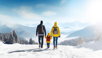 Young family traveling together in the mountains