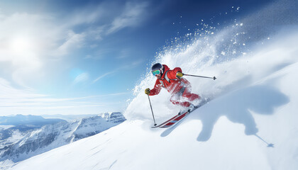 A skier descends from the mountains with a splash of snow on a sunny day
