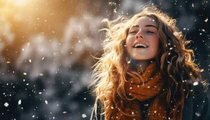 Enjoyment in winter - a woman throws snow up
