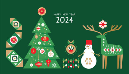 Merry Christmas and Happy New Year 2024  holiday template design banner, poster, card, cover  Gifts, Santa, ball toy, christmas tree, snowflake   Modern Xmas flat cartoon cute vector illustration
