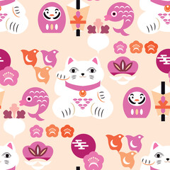 Awesome maneki-neko cat seamless pattern Modern cute japanese template texture with lucky charms Vector flat trendy illustration