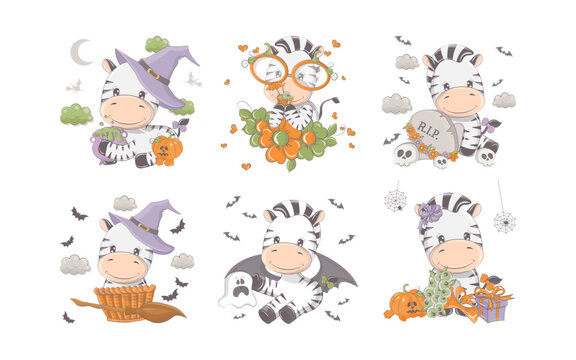 Set of Cartoon Halloween Zebra. Collection of Cute Vector Halloween Animal Illustrations.
