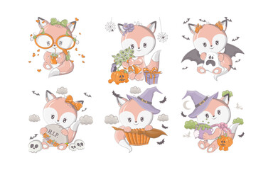 Set of Cartoon Halloween Fox. Collection of Cute Vector Halloween Forest Animal Illustrations