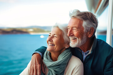 An elderly couple on the deck of a ship or liner against the backdrop of the sea. Happy and smiling people. Travel on a sea liner. Sea voyage, active recreation. Love and romance of older people.