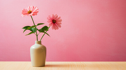 A single pink flower is in a vase