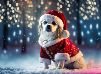 サンタクロースの服を着たかわいい白い仔犬/Generative AI