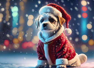 サンタクロースの服を着たかわいい白い仔犬/Generative AI