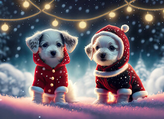 サンタクロースの服を着たかわいい白い仔犬/Generative AI