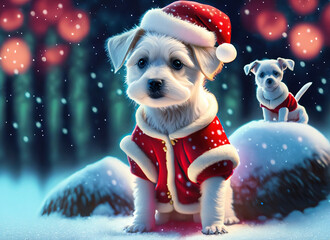 サンタクロースの服を着たかわいい白い仔犬/Generative AI