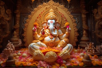 Ganesh Utsav Temple Decorations for Diwali. - obrazy, fototapety, plakaty