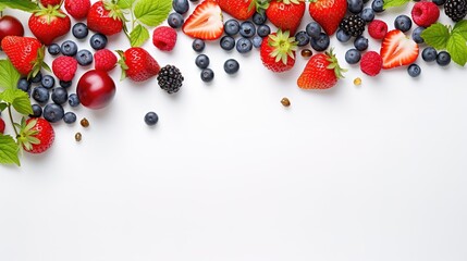 Variety of fresh berries, including strawberries, raspberries, blueberries, blackberries, and red currants on a white background. The berries are ripe and juicy, with bright colors and a glossy sheen.