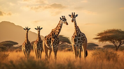 two giraffe standing in the savannah in the wild. - obrazy, fototapety, plakaty