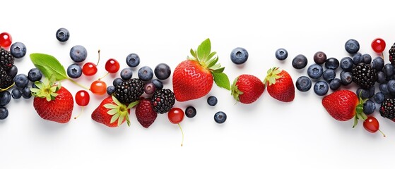 Variety of fresh berries, including strawberries, raspberries, blueberries, blackberries, and red currants on a white background. The berries are ripe and juicy, with bright colors and a glossy sheen.