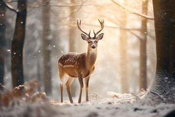 Naklejka na ściany i meble Deer in the woods or forest on winter background