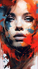 Liquid Oil Painting in Oil Mixed Style Red Cyan and Black Brush Stroke of Beautiful Young Girl Face Vibrant Abstract Art