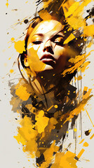 Liquid Oil Painting in Oil Mixed Style Yellow and Black Brush Stroke of Beautiful Young Girl Face Vibrant Abstract Art