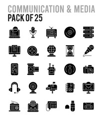 25 Communication And Media Glyph icon pack. vector illustration.