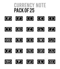 25 Currency Note Glyph icon pack. vector illustration.