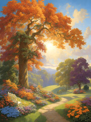 Obraz na płótnie Canvas a painting of a path through a park with colorful flowers