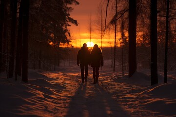Love concept. Romantic couple are walking through a winter park at sunset. Snow covered the road and trees.