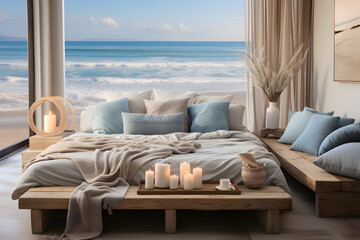 Fototapeta na wymiar A bedroom with soft grays, muted blues, and touches of seashell white. Diffused light creates a relaxing coastal retreat.