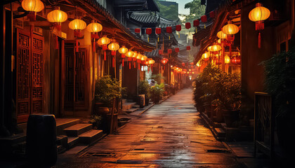 Asian lanterns in city, Chinese New Year concept - obrazy, fototapety, plakaty