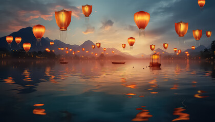 Asian lanterns near the water, Chinese New Year concept - obrazy, fototapety, plakaty