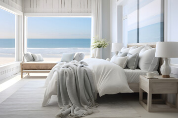  A bedroom with soft grays, muted blues, and touches of seashell white. Diffused light creates a relaxing coastal retreat.