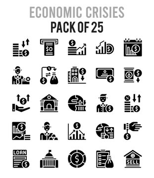 25 Economic Crisies Glyph icon pack. vector illustration.