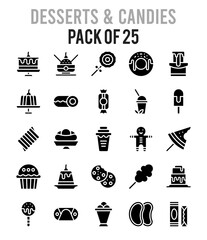 25 Desserts and Candies Glyph icon pack. vector illustration.