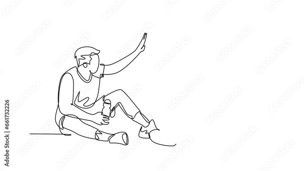 Poster animated self drawing of continuous line draw of two young happy men take a rest after playing baske