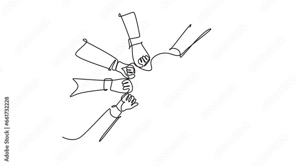 Aufkleber animated self drawing continuous line draw young happy people fist and join their hands together and