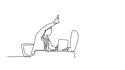 Self drawing animation of single line draw of young happy businessman and businesswomen celebrating their successive goal at business meeting. Business deal. Continuous line draw. Full length animated