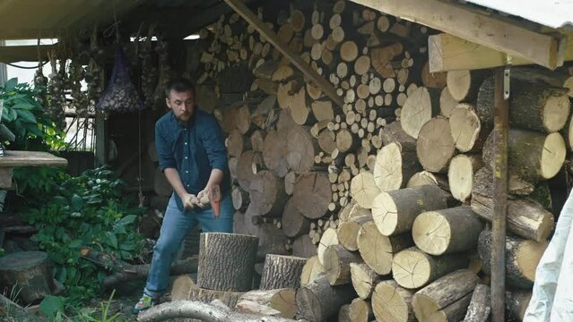 A man chops firewood with an ax. The work is hard on the farm to harvest wood for the fireplace for the winter. High quality 4k footage
