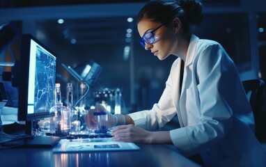 Female scientist working with microscope in laboratory. Medical research and development concept.