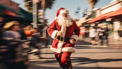Naklejka premium Running Santa Claus through the streets of the city, the concept of Christmas and New Year