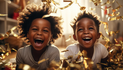 Two black African children received a gift, the concept of Christmas and New Year - obrazy, fototapety, plakaty